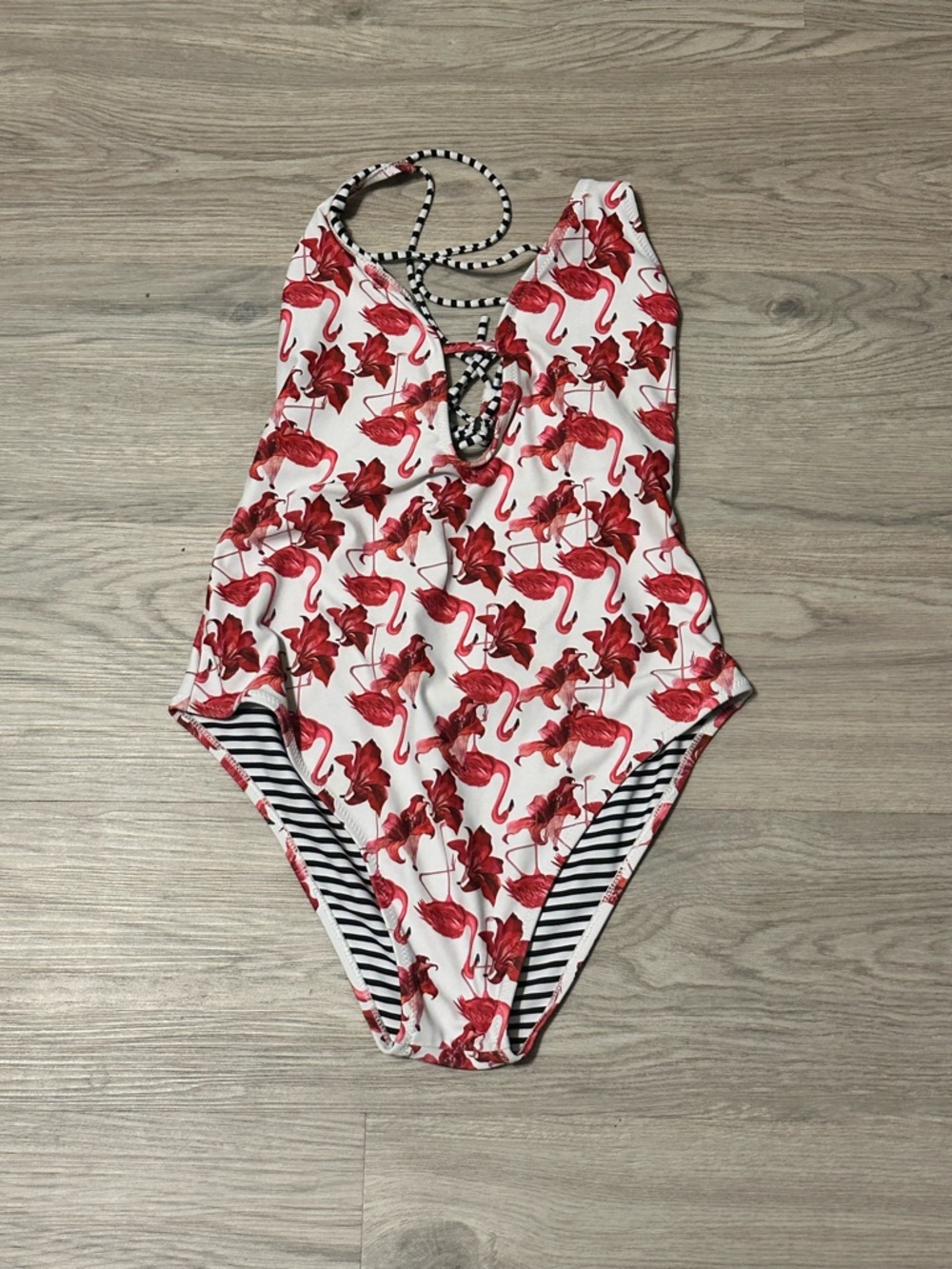 Flamingo Print One-Piece Swimsuit - Red & White